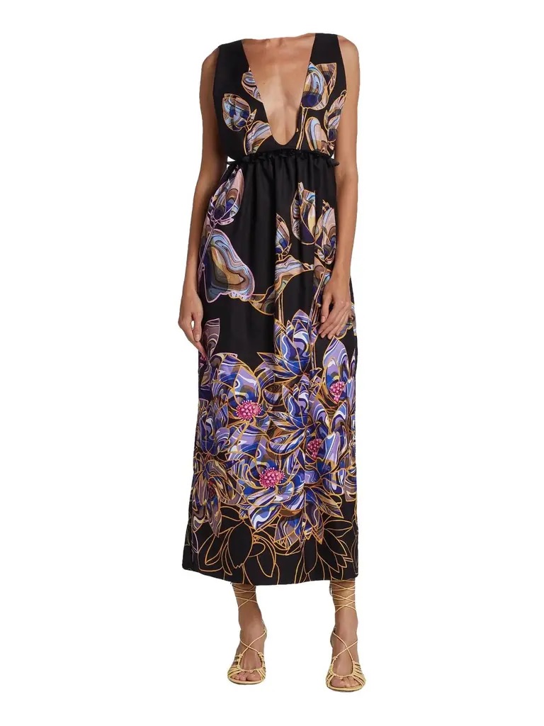 Kika Vargas Black Floral Deep-V Maxi Dress